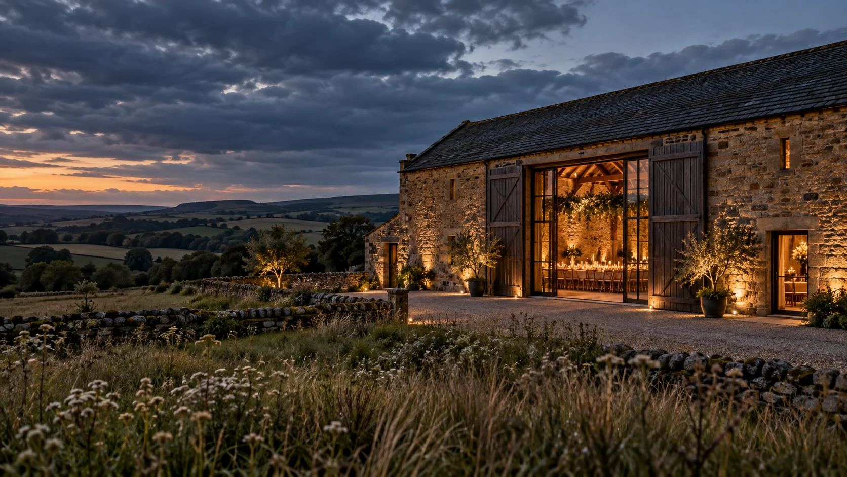 Illustrative stone barn glowing at dusk in the Northumberland countryside